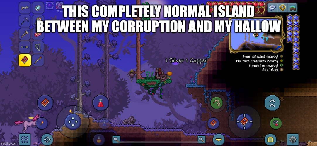 HMMMMMM | THIS COMPLETELY NORMAL ISLAND BETWEEN MY CORRUPTION AND MY HALLOW | image tagged in terraria,mildly interesting | made w/ Imgflip meme maker