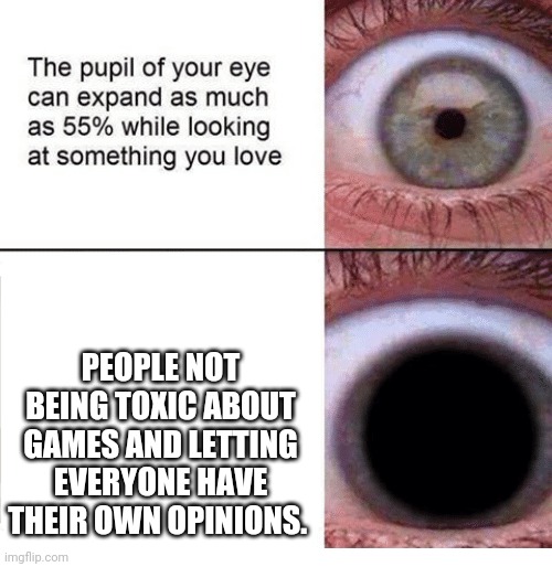 Plz guys don't hate, be fair to everyone | PEOPLE NOT BEING TOXIC ABOUT GAMES AND LETTING EVERYONE HAVE THEIR OWN OPINIONS. | image tagged in the pupil of your eye can expand | made w/ Imgflip meme maker