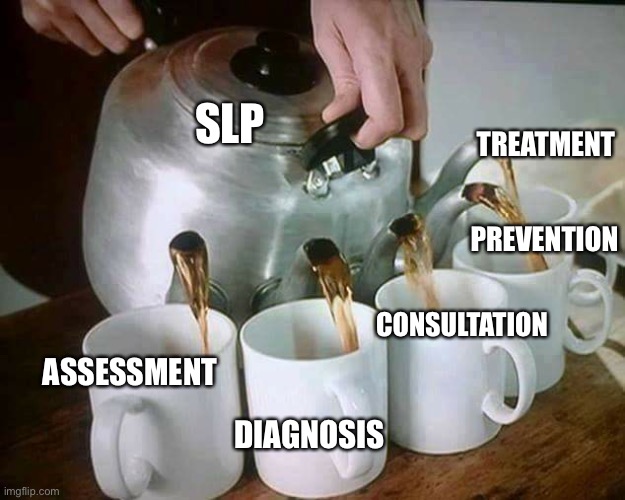 Multi Spout Teapot | TREATMENT; SLP; PREVENTION; CONSULTATION; ASSESSMENT; DIAGNOSIS | image tagged in multi spout teapot | made w/ Imgflip meme maker