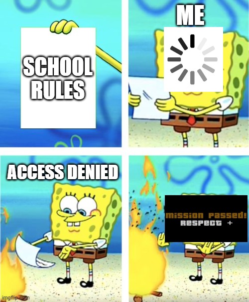 Spongebob Burning Paper | ME; SCHOOL RULES; ACCESS DENIED | image tagged in spongebob burning paper | made w/ Imgflip meme maker