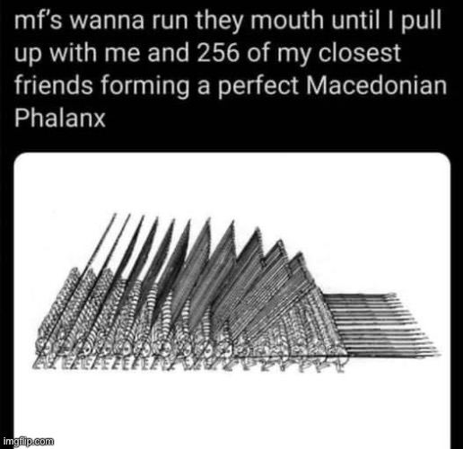 Keep talkin’ that talk | image tagged in perfect macedonian phalanx,repost | made w/ Imgflip meme maker