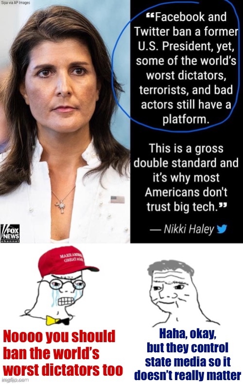 Yeah dictators should be banned too, but they have state media to fall back on. Trump doesn’t and that’s why he’s mad. | Noooo you should ban the world’s worst dictators too; Haha, okay, but they control state media so it doesn’t really matter | image tagged in nikki haley big tech,maga nooo haha go brrr,social media,banned,cancelled | made w/ Imgflip meme maker