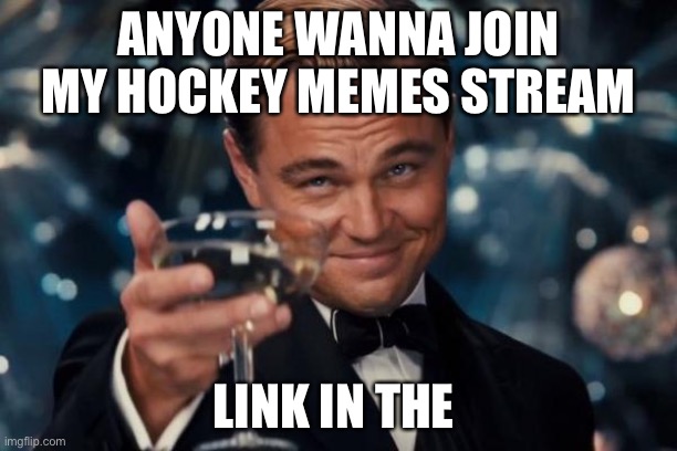 Leonardo Dicaprio Cheers Meme | ANYONE WANNA JOIN MY HOCKEY MEMES STREAM; LINK IN THE COMMENTS | image tagged in memes,leonardo dicaprio cheers | made w/ Imgflip meme maker