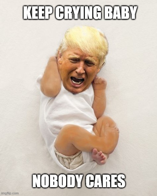 THE BIG CRY OVER THE BIG LIE | KEEP CRYING BABY; NOBODY CARES | image tagged in liar,crybaby,loser,psychopath,lock him up,the big lie | made w/ Imgflip meme maker