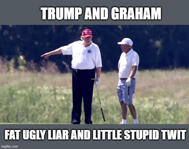 Do Not Trust Golf Cheats | TRUMP AND GRAHAM; FAT UGLY LIAR AND LITTLE STUPID TWIT | image tagged in golf cheats,liars,hypocrites,traitor,the big lie,delusional | made w/ Imgflip meme maker