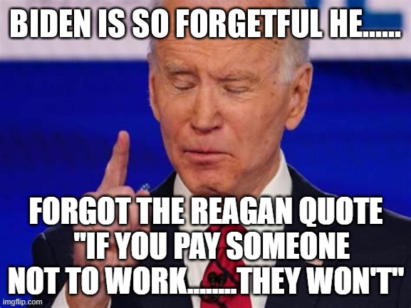 Paying people not to work. Ain't working Joe. | FORGOT THE REAGAN QUOTE   "IF YOU PAY SOMEONE NOT TO WORK........THEY WON'T" | image tagged in biden jokes,biden,loser,amnesia | made w/ Imgflip meme maker