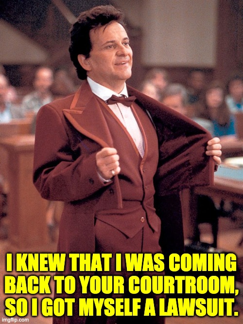 lawsuit | I KNEW THAT I WAS COMING BACK TO YOUR COURTROOM, SO I GOT MYSELF A LAWSUIT. | image tagged in lawyer | made w/ Imgflip meme maker