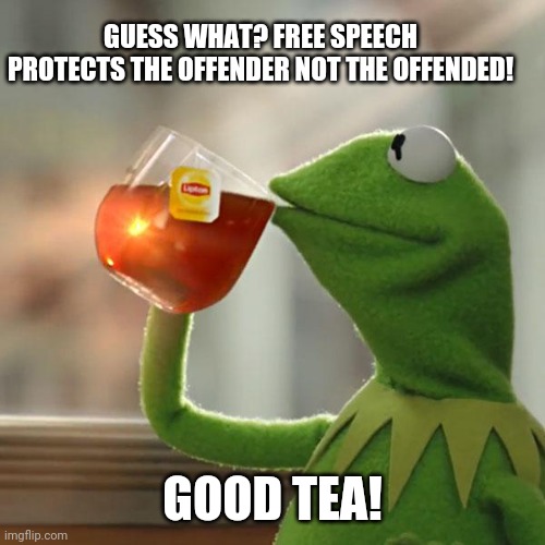 Truth! | GUESS WHAT? FREE SPEECH PROTECTS THE OFFENDER NOT THE OFFENDED! GOOD TEA! | image tagged in free,freedom,free speech,democrats,republicans | made w/ Imgflip meme maker