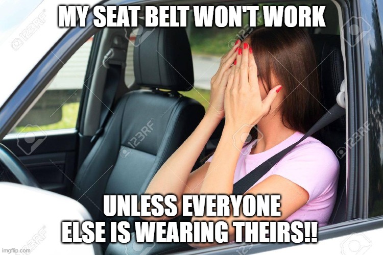 My seatbelt won't work | MY SEAT BELT WON'T WORK; UNLESS EVERYONE ELSE IS WEARING THEIRS!! | image tagged in seatbelt,covid,big lie | made w/ Imgflip meme maker