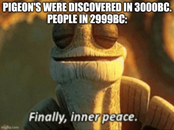 Finally, inner peace. | PIGEON'S WERE DISCOVERED IN 3000BC.
PEOPLE IN 2999BC: | image tagged in finally inner peace | made w/ Imgflip meme maker