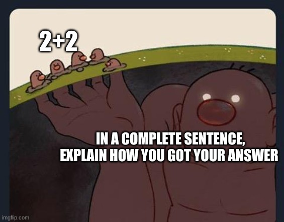 Big Diglett underground |  2+2; IN A COMPLETE SENTENCE, EXPLAIN HOW YOU GOT YOUR ANSWER | image tagged in big diglett underground,memes | made w/ Imgflip meme maker