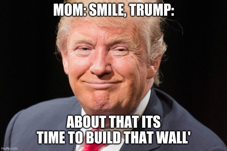 He is obsessed with building a wall, but that smile, | MOM: SMILE, TRUMP:; ABOUT THAT ITS TIME TO BUILD THAT WALL' | image tagged in president donald trump | made w/ Imgflip meme maker