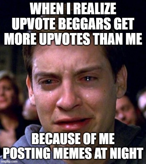 Memes posted at night be like | WHEN I REALIZE UPVOTE BEGGARS GET MORE UPVOTES THAN ME; BECAUSE OF ME POSTING MEMES AT NIGHT | image tagged in crying peter parker,upvote,night,crying | made w/ Imgflip meme maker