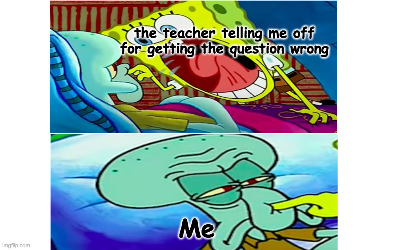 Bad grades and shmig | the teacher telling me off for getting the question wrong; Me | image tagged in spob and squnch | made w/ Imgflip meme maker