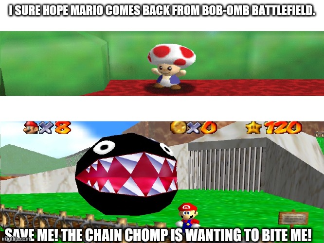 Spurious Toad | I SURE HOPE MARIO COMES BACK FROM BOB-OMB BATTLEFIELD. SAVE ME! THE CHAIN CHOMP IS WANTING TO BITE ME! | image tagged in spurious toad | made w/ Imgflip meme maker