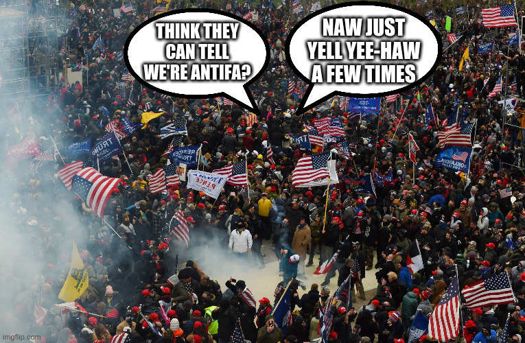 fair and balanced | NAW JUST YELL YEE-HAW A FEW TIMES; THINK THEY CAN TELL WE'RE ANTIFA? | image tagged in antifa,rumpt,blm,lies,foks | made w/ Imgflip meme maker