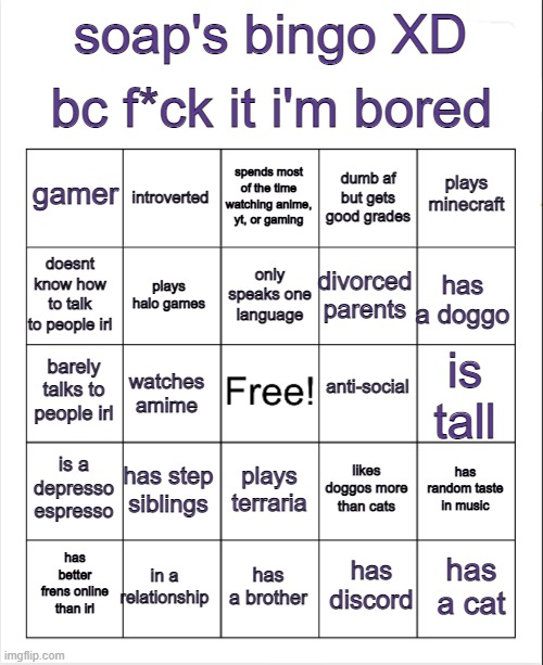 this took way too long to make XD | bc f*ck it i'm bored; soap's bingo XD; spends most of the time watching anime, yt, or gaming; gamer; introverted; plays minecraft; dumb af but gets good grades; only speaks one language; doesnt know how to talk to people irl; has a doggo; divorced parents; plays halo games; anti-social; barely talks to people irl; is tall; watches amime; is a depresso espresso; has step siblings; has random taste in music; likes doggos more than cats; plays terraria; in a relationship; has a cat; has better frens online than irl; has a brother; has discord | image tagged in blank bingo | made w/ Imgflip meme maker