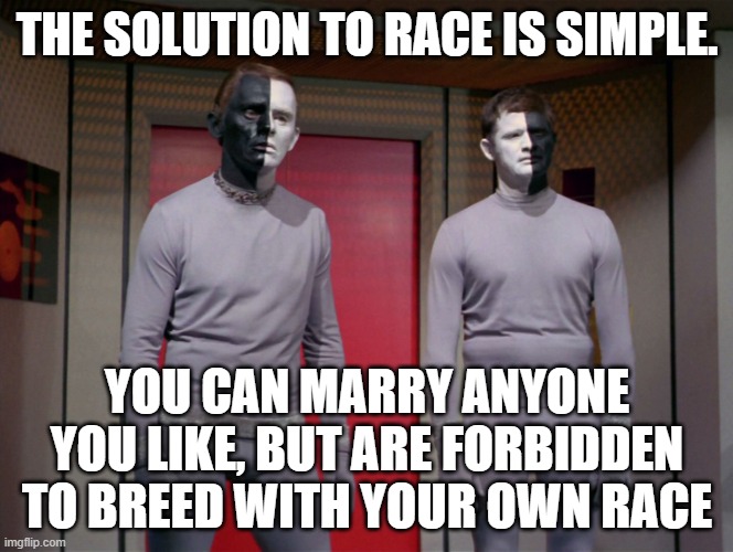 How badly do you want to end racism? | THE SOLUTION TO RACE IS SIMPLE. YOU CAN MARRY ANYONE YOU LIKE, BUT ARE FORBIDDEN TO BREED WITH YOUR OWN RACE | image tagged in star trek black and white aliens,racism,eugenics,fascism,unity,destroy privelege | made w/ Imgflip meme maker