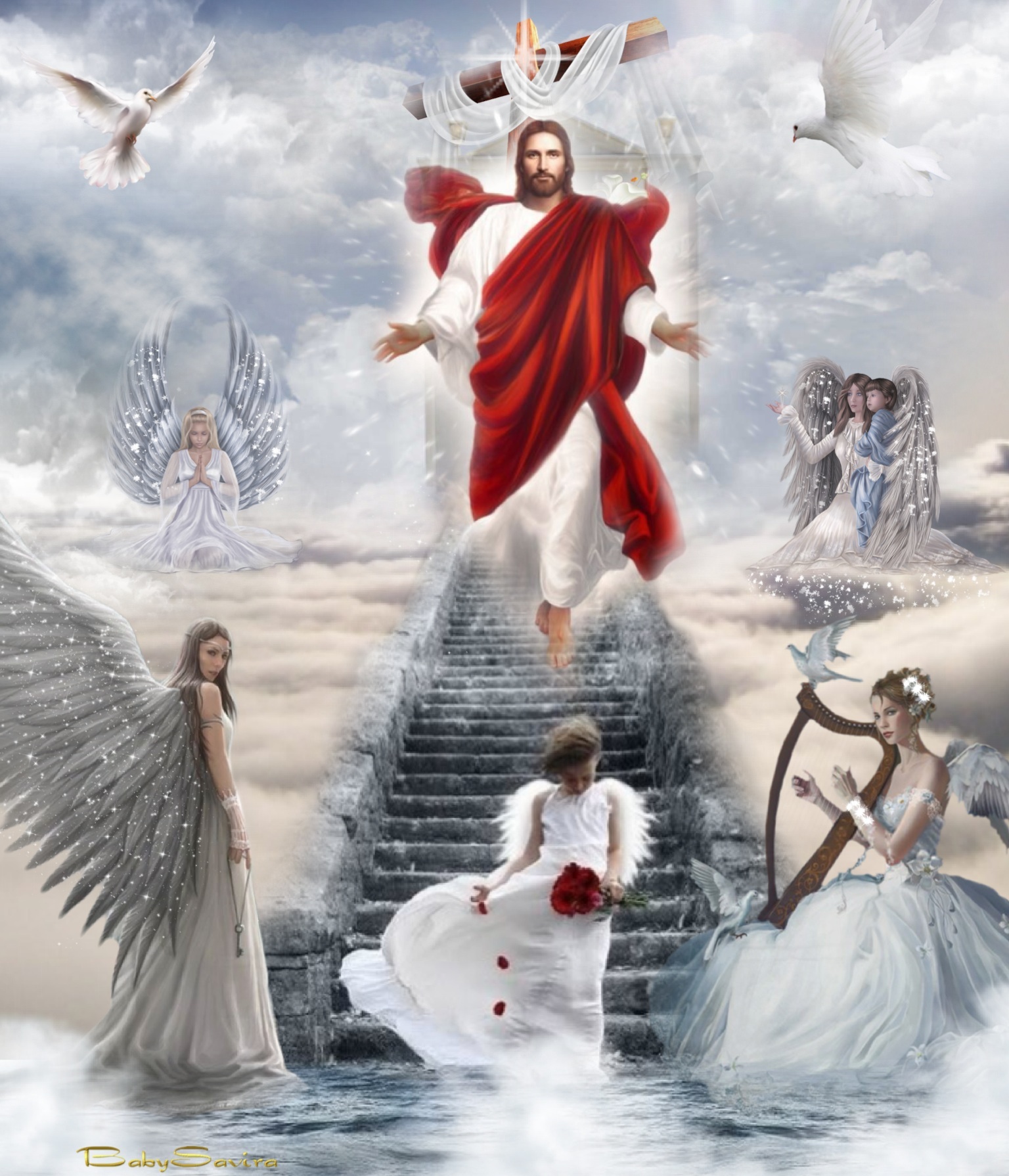 High Quality JESUS DESCENDS STAIRS, ANGELS, DOVES Blank Meme Template