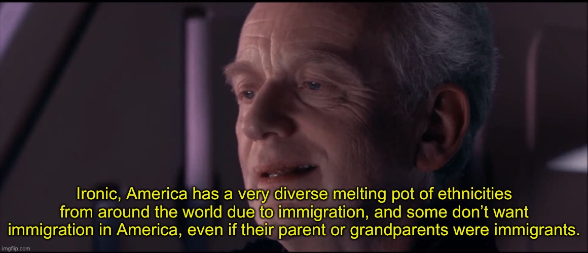 Hopefully this makes sense | Ironic, America has a very diverse melting pot of ethnicities from around the world due to immigration, and some don’t want immigration in America, even if their parent or grandparents were immigrants. | image tagged in palpatine ironic | made w/ Imgflip meme maker