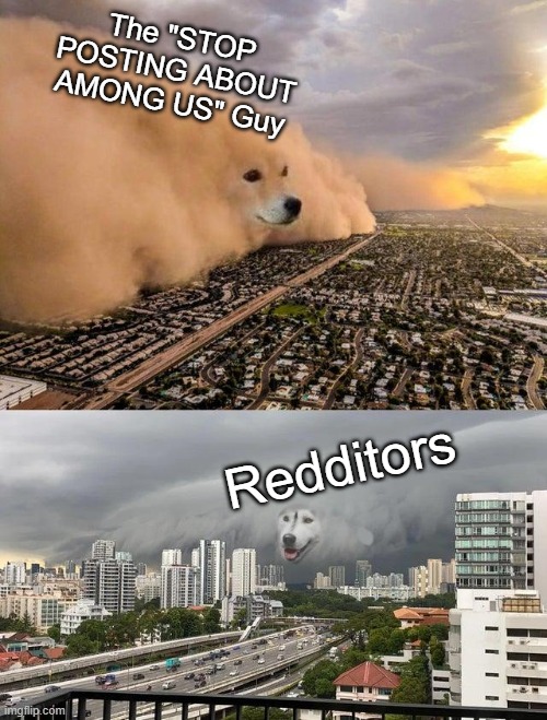 Dust Storm Dog Meme - Stop Posting About Among Us Guy VS Redditors | The "STOP POSTING ABOUT AMONG US" Guy; Redditors | image tagged in dust storm 2 panels | made w/ Imgflip meme maker