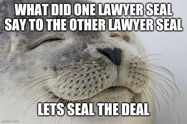 Satisfied Seal Meme | WHAT DID ONE LAWYER SEAL SAY TO THE OTHER LAWYER SEAL; LETS SEAL THE DEAL | image tagged in memes,satisfied seal | made w/ Imgflip meme maker