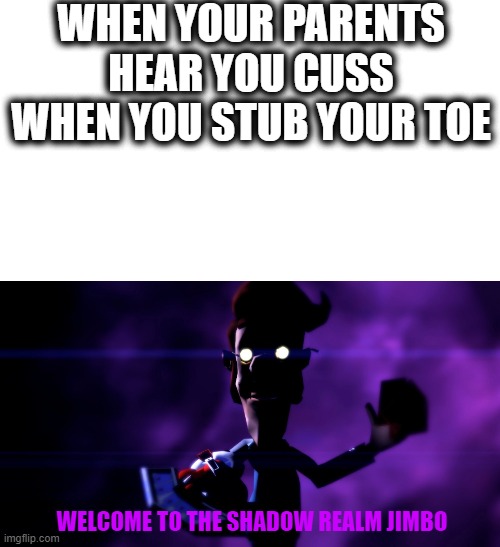 Welcome to the shadow realm | WHEN YOUR PARENTS HEAR YOU CUSS WHEN YOU STUB YOUR TOE; WELCOME TO THE SHADOW REALM JIMBO | image tagged in blank page | made w/ Imgflip meme maker