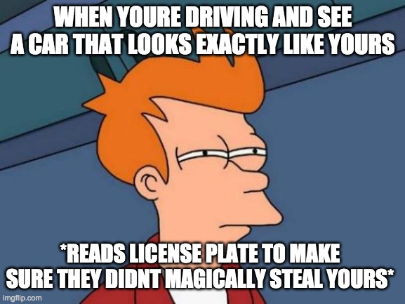 also in the parking lot | WHEN YOURE DRIVING AND SEE A CAR THAT LOOKS EXACTLY LIKE YOURS; *READS LICENSE PLATE TO MAKE SURE THEY DIDNT MAGICALLY STEAL YOURS* | image tagged in memes,futurama fry | made w/ Imgflip meme maker