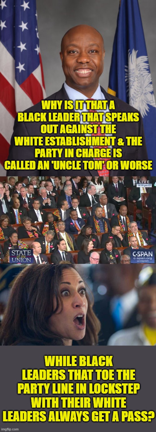 Liberal logic | WHY IS IT THAT A BLACK LEADER THAT SPEAKS OUT AGAINST THE WHITE ESTABLISHMENT & THE PARTY IN CHARGE IS CALLED AN 'UNCLE TOM' OR WORSE; WHILE BLACK LEADERS THAT TOE THE PARTY LINE IN LOCKSTEP WITH THEIR WHITE LEADERS ALWAYS GET A PASS? | image tagged in senator tim scott - american hero,black caucus sotu 2018,kamala harriss | made w/ Imgflip meme maker