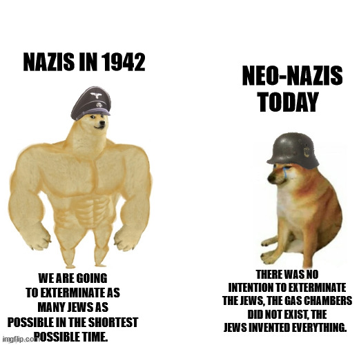 NAZIS IN 1942; NEO-NAZIS TODAY; WE ARE GOING TO EXTERMINATE AS MANY JEWS AS POSSIBLE IN THE SHORTEST POSSIBLE TIME. THERE WAS NO INTENTION TO EXTERMINATE THE JEWS, THE GAS CHAMBERS DID NOT EXIST, THE JEWS INVENTED EVERYTHING. | image tagged in nazis,neo-nazis,buff doge vs cheems | made w/ Imgflip meme maker