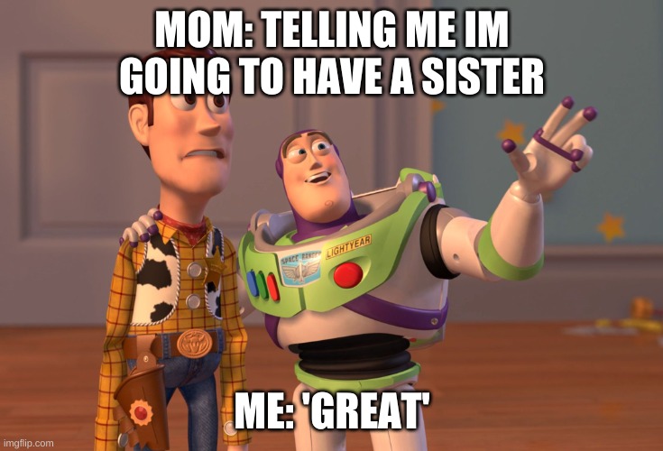 X, X Everywhere Meme | MOM: TELLING ME IM GOING TO HAVE A SISTER; ME: 'GREAT' | image tagged in memes,x x everywhere | made w/ Imgflip meme maker