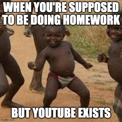 Third World Success Kid | WHEN YOU'RE SUPPOSED TO BE DOING HOMEWORK; BUT YOUTUBE EXISTS | image tagged in memes,third world success kid | made w/ Imgflip meme maker