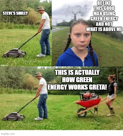 politics | STEVE'S SMILEY; THIS IS ACTUALLY HOW GREEN ENERGY WORKS GRETA! | image tagged in political meme | made w/ Imgflip meme maker