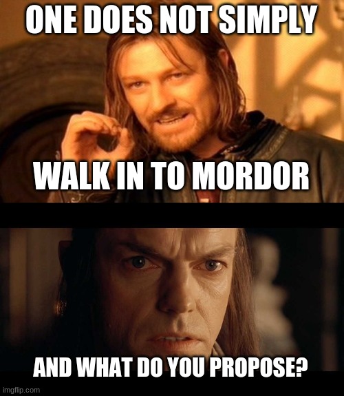ONE DOES NOT SIMPLY; WALK IN TO MORDOR; AND WHAT DO YOU PROPOSE? | image tagged in memes,one does not simply,i was there | made w/ Imgflip meme maker
