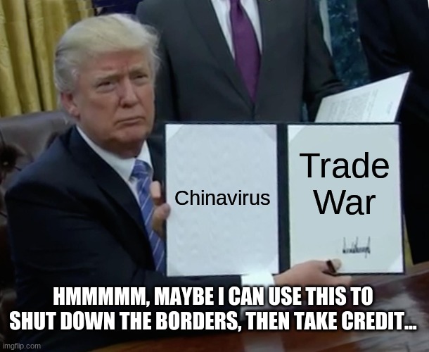 Trump Bill Signing | Chinavirus; Trade War; HMMMMM, MAYBE I CAN USE THIS TO SHUT DOWN THE BORDERS, THEN TAKE CREDIT... | image tagged in memes,trump bill signing | made w/ Imgflip meme maker