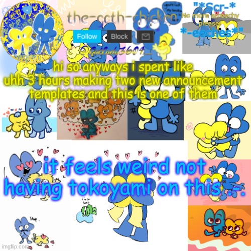 e | hi so anyways i spent like uhh 3 hours making two new announcement templates and this is one of them; it feels weird not having tokoyami on this .-. | image tagged in the-goth-chicken's announcement template 21 | made w/ Imgflip meme maker