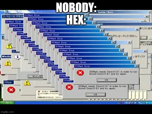 Windows Errors | NOBODY:
HEX: | image tagged in windows errors | made w/ Imgflip meme maker