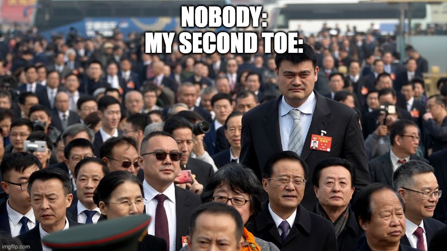 NOBODY:
MY SECOND TOE: | image tagged in tall,foot,feet,toes,toe | made w/ Imgflip meme maker