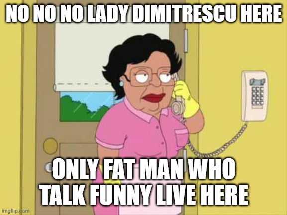 Consuela | NO NO NO LADY DIMITRESCU HERE; ONLY FAT MAN WHO TALK FUNNY LIVE HERE | image tagged in memes,consuela | made w/ Imgflip meme maker