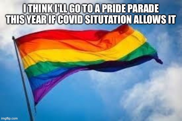 gay flag | I THINK I'LL GO TO A PRIDE PARADE THIS YEAR IF COVID SITUTATION ALLOWS IT | image tagged in gay flag | made w/ Imgflip meme maker