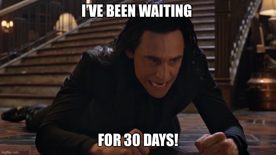 It’s takes so long |  I’VE BEEN WAITING; FOR 30 DAYS! | image tagged in loki fall | made w/ Imgflip meme maker