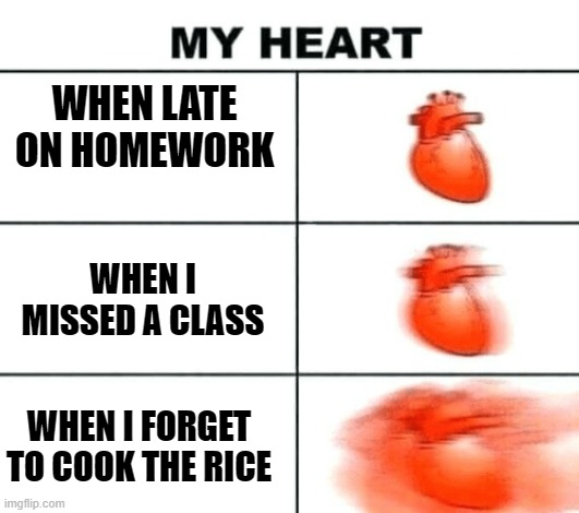 Heart rate | WHEN LATE ON HOMEWORK; WHEN I MISSED A CLASS; WHEN I FORGET TO COOK THE RICE | image tagged in heart rate | made w/ Imgflip meme maker