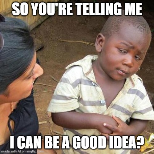 Third World Skeptical Kid Meme | SO YOU'RE TELLING ME; I CAN BE A GOOD IDEA? | image tagged in memes,third world skeptical kid | made w/ Imgflip meme maker
