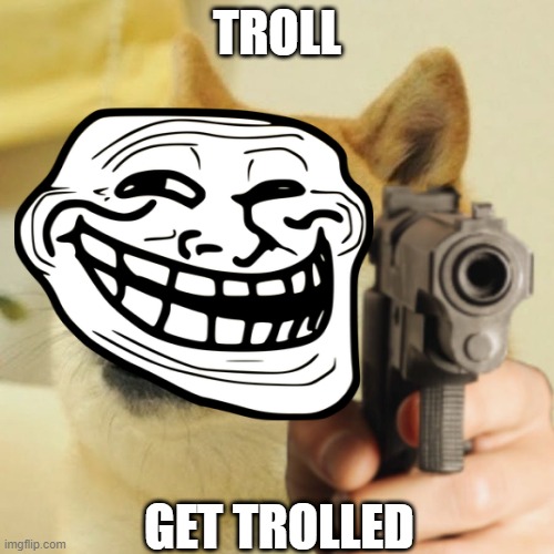 troll | TROLL; GET TROLLED | image tagged in doge,guns,troll | made w/ Imgflip meme maker