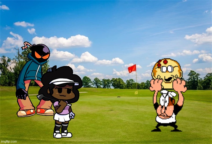 Carol, Whitty and a familiar face at a golf course | image tagged in carol,whitty,peppino,golf,friday night funkin,pizza tower | made w/ Imgflip meme maker