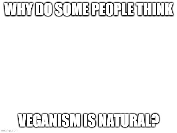 Question | WHY DO SOME PEOPLE THINK; VEGANISM IS NATURAL? | image tagged in blank white template | made w/ Imgflip meme maker