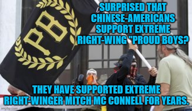 Taipei Mitch? | SURPRISED THAT CHINESE-AMERICANS SUPPORT EXTREME RIGHT-WING "PROUD BOYS? THEY HAVE SUPPORTED EXTREME RIGHT-WINGER MITCH MC CONNELL FOR YEARS. | image tagged in politics | made w/ Imgflip meme maker