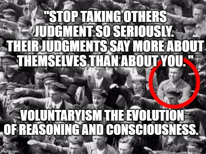 No nazi salute | "STOP TAKING OTHERS JUDGMENT SO SERIOUSLY.  THEIR JUDGMENTS SAY MORE ABOUT THEMSELVES THAN ABOUT YOU. "; VOLUNTARYISM THE EVOLUTION OF REASONING AND CONSCIOUSNESS. | image tagged in no nazi salute | made w/ Imgflip meme maker