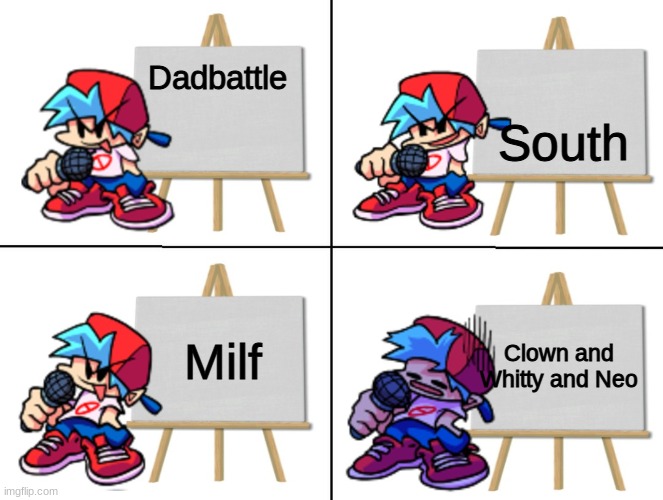 dude | South; Dadbattle; Milf; Clown and Whitty and Neo | image tagged in the bf's plan | made w/ Imgflip meme maker