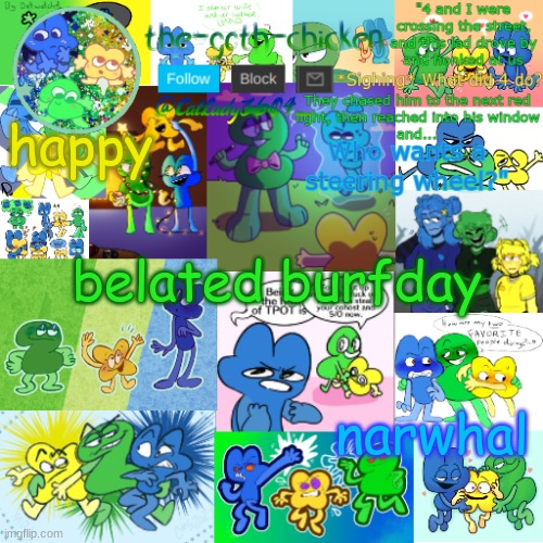 happy; belated burfday; narwhal | image tagged in the-goth-chicken's announcement template 22 | made w/ Imgflip meme maker